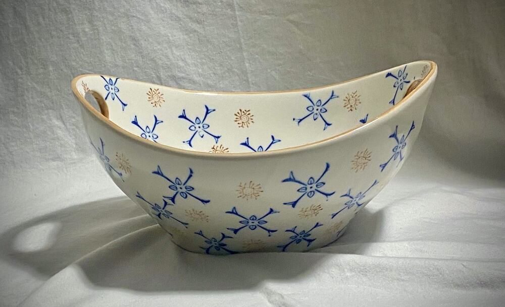Temptations Stoneware Ovenware Atomic Starburst Blue & Brown 9" Handled Bowl